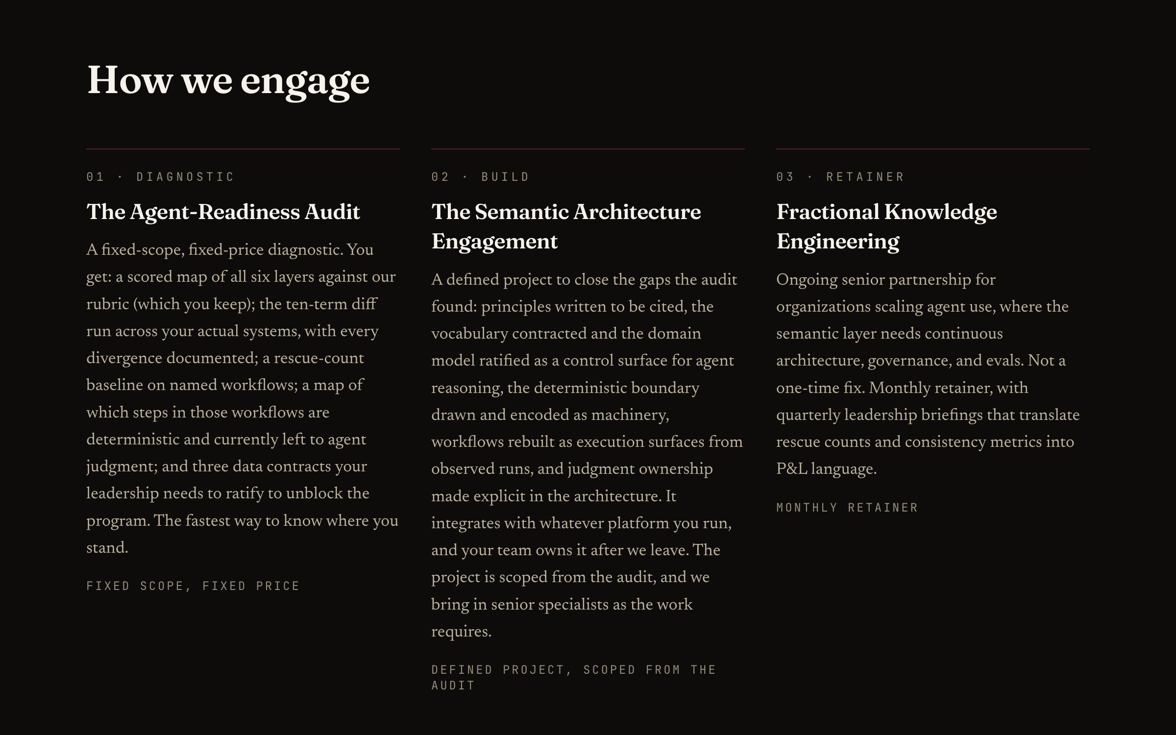 Allostasis engagement models: audit, engagement, and retainer