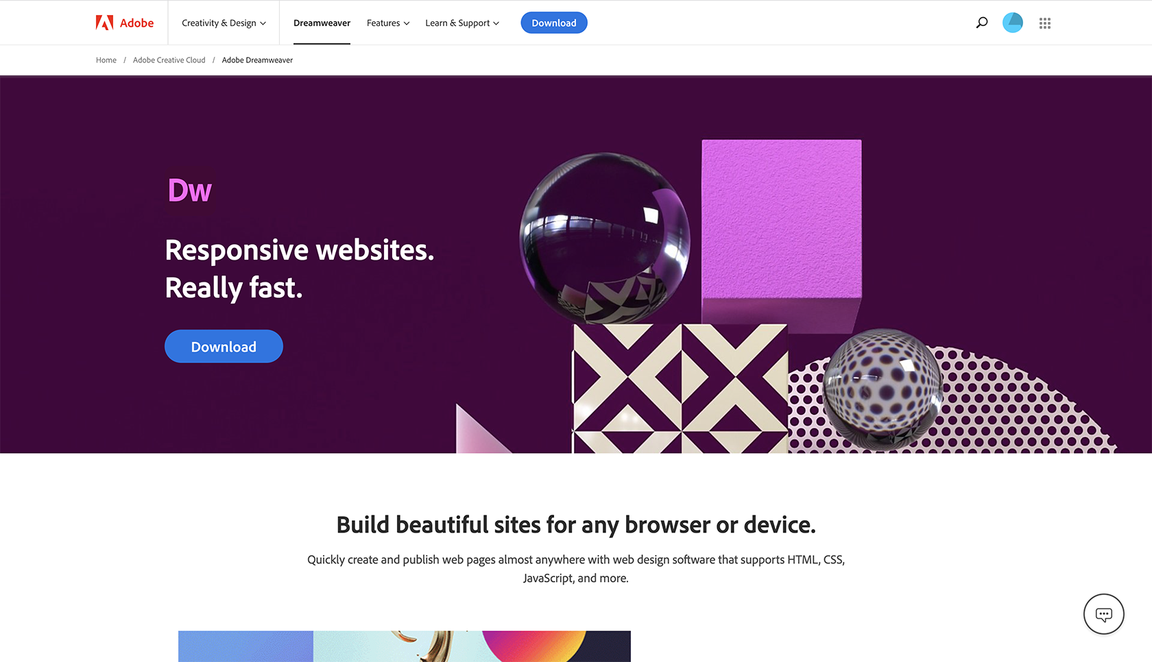 Adobe Dreamweaver landing page