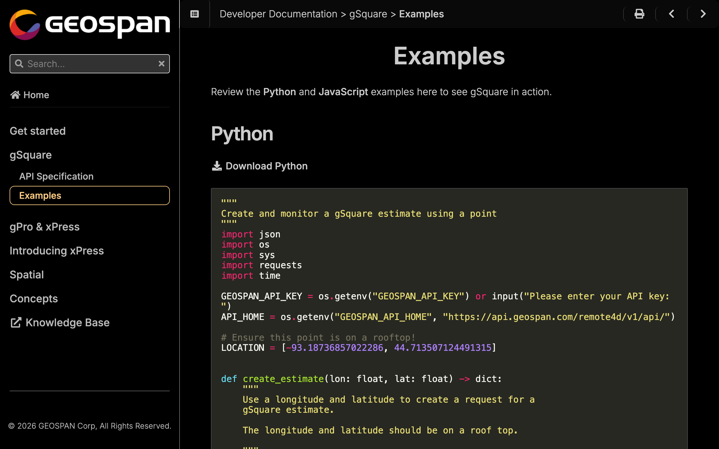 Geospan developer documentation showing Python and JavaScript code examples for the gSquare API