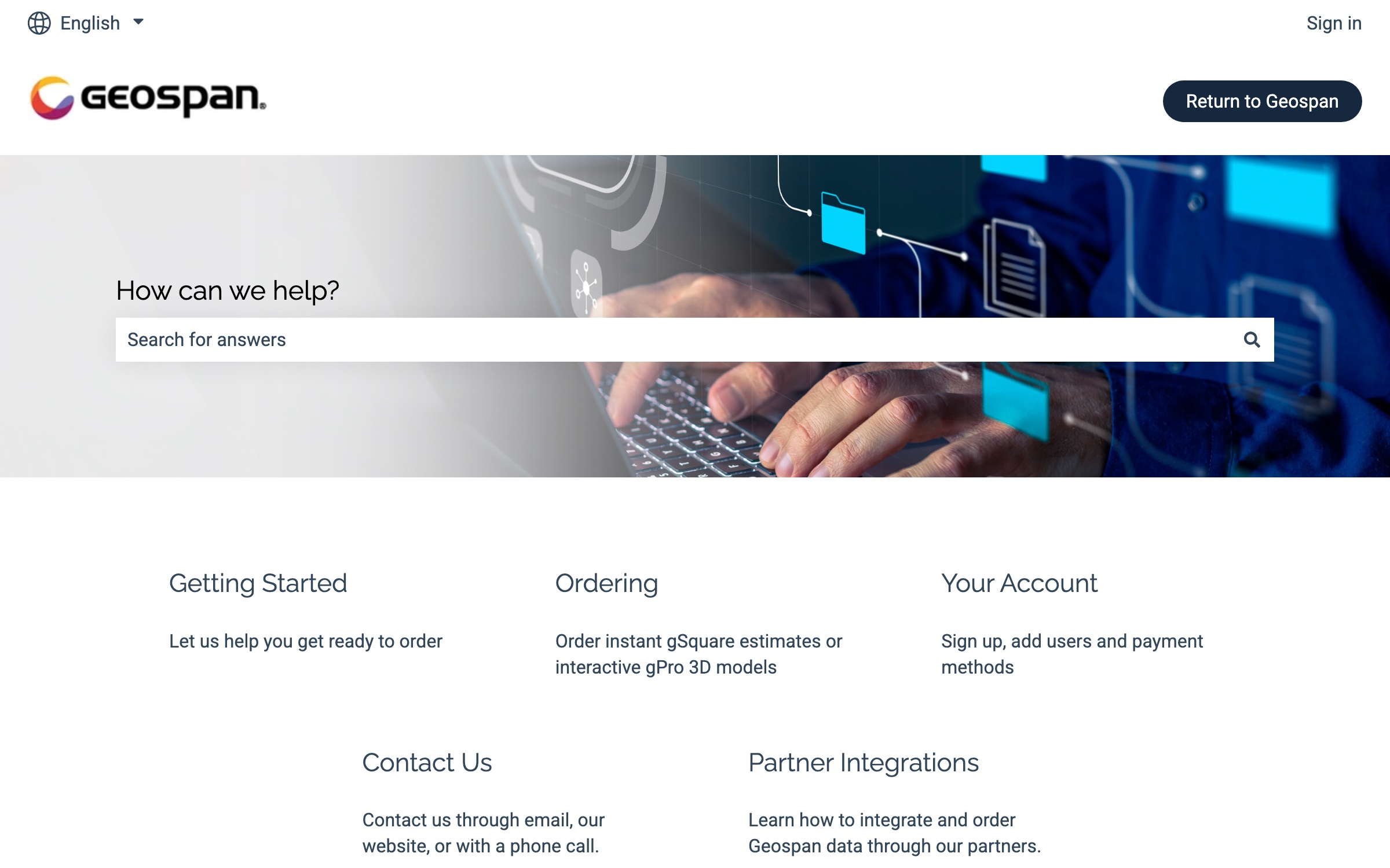 Geospan Knowledge Base landing page with search and topic categories